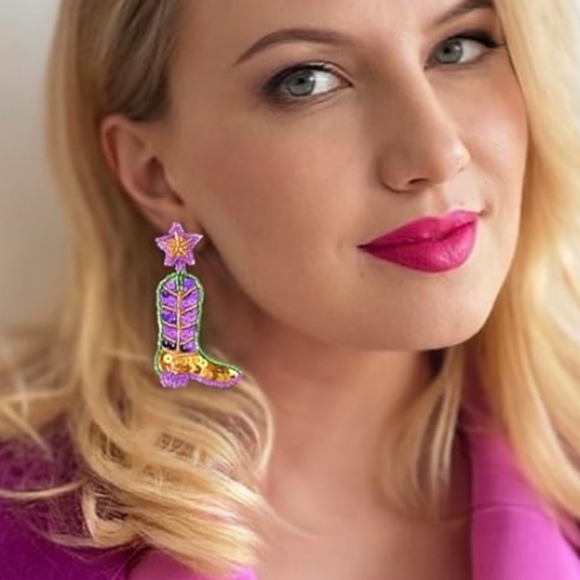 Cowgirl Boots Earrings Mardi Gras Earrings Western Beaded New Orleans Nola - Picture 2 of 9